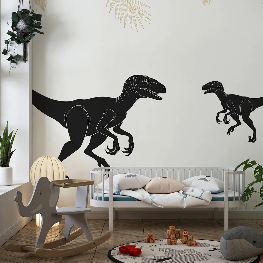 Lastenhuoneen tapetti | Musta dinosaurus vaalealla pohjalla trooppisten lehtien kanssa