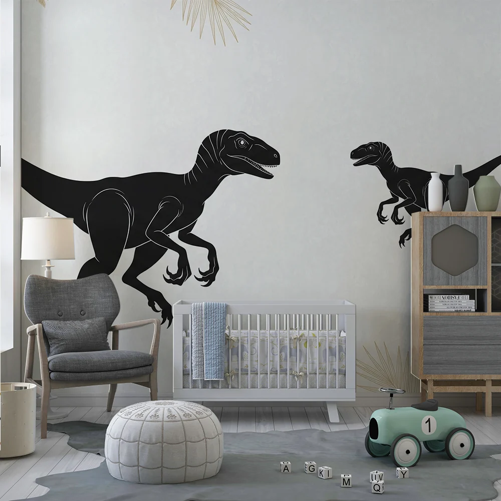 Lastenhuoneen tapetti | Musta dinosaurus vaalealla pohjalla trooppisten lehtien kanssa