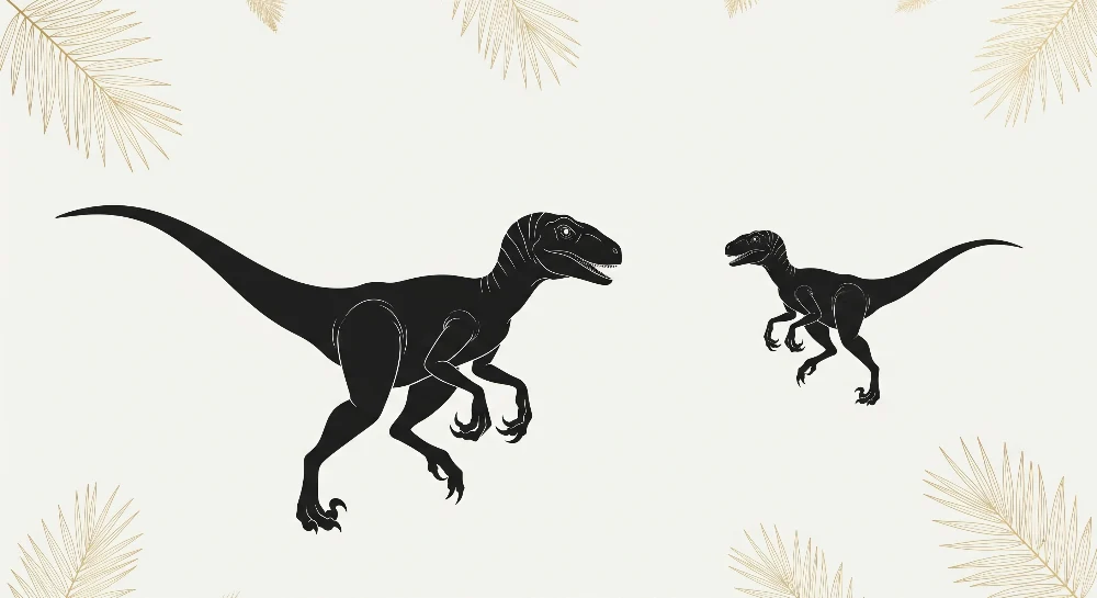 Lastenhuoneen tapetti | Musta dinosaurus vaalealla pohjalla trooppisten lehtien kanssa