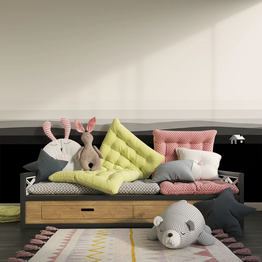 Lastenhuoneen tapetti | Mustavalkoinen minimalistinen maisema talolla