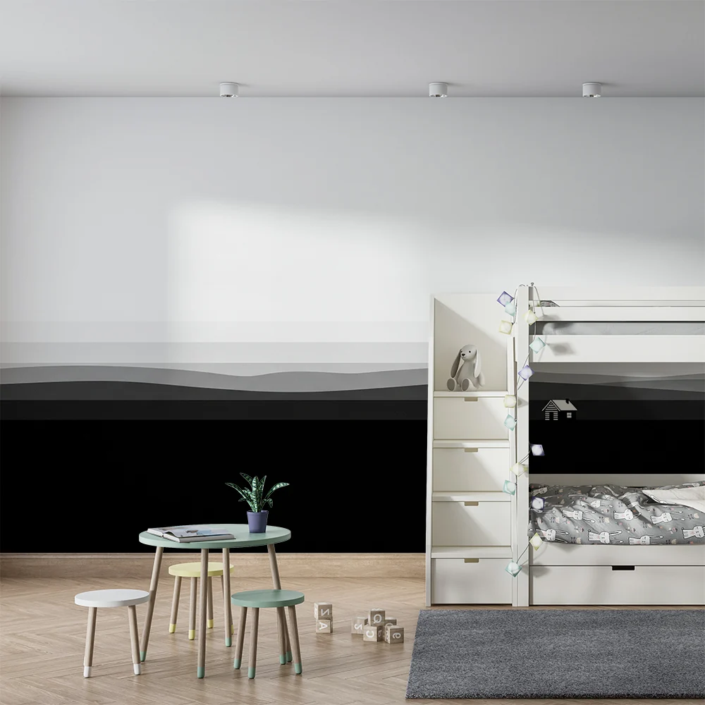Lastenhuoneen tapetti | Mustavalkoinen minimalistinen maisema talolla