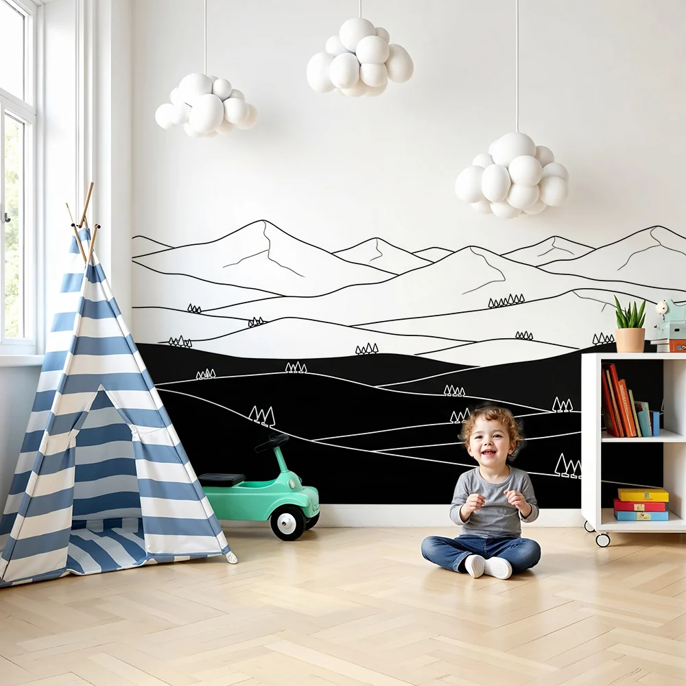 Lastenhuoneen tapetti | Mustavalkoinen minimalistinen vuoristomaisema