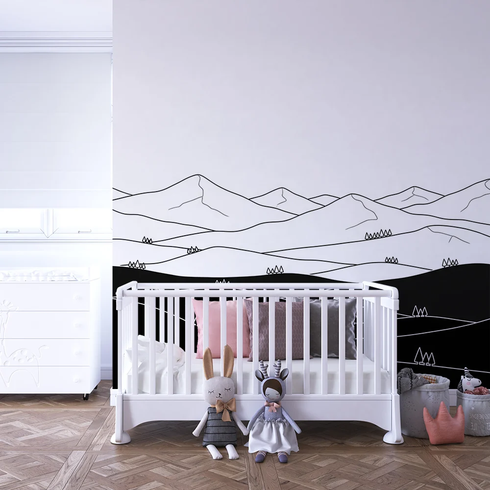 Lastenhuoneen tapetti | Mustavalkoinen minimalistinen vuoristomaisema