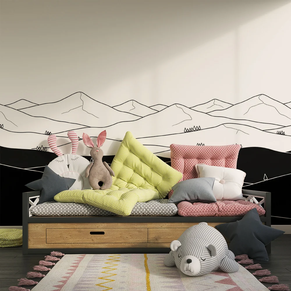Lastenhuoneen tapetti | Mustavalkoinen minimalistinen vuoristomaisema