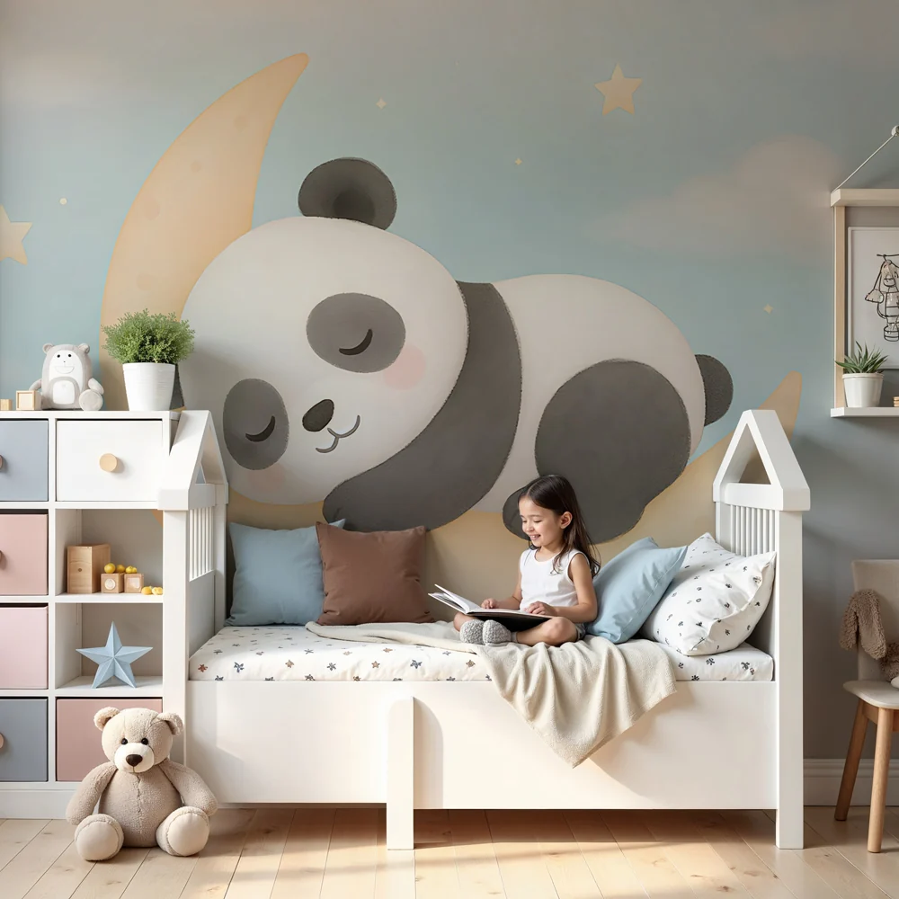 Lastenhuoneen tapetti | Nukkuva panda kuun päällä