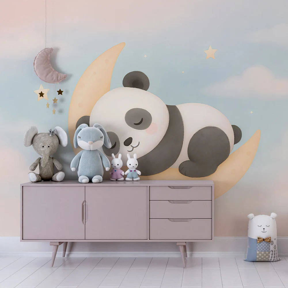 Lastenhuoneen tapetti | Nukkuva panda kuun päällä