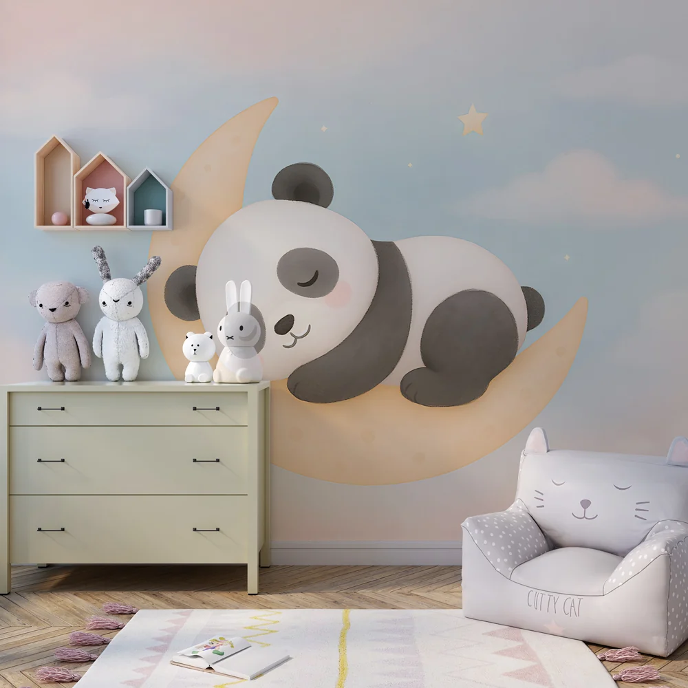 Lastenhuoneen tapetti | Nukkuva panda kuun päällä