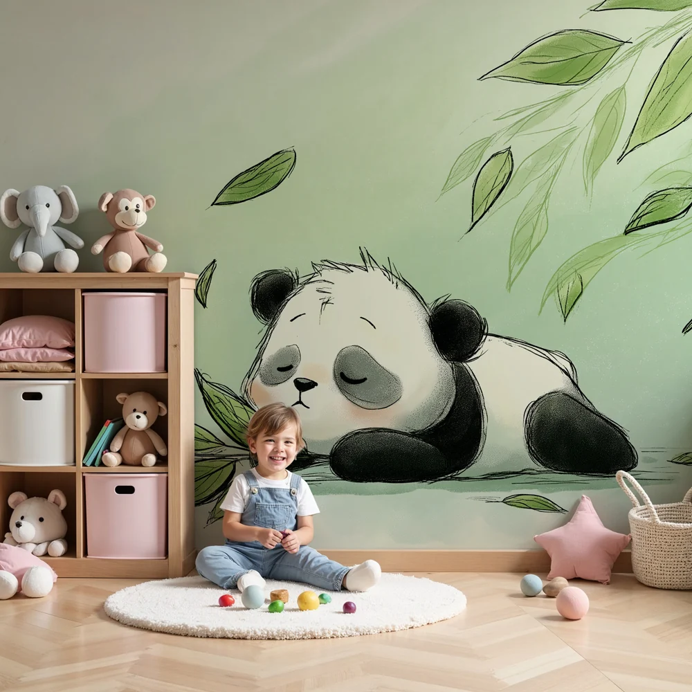 Lastenhuoneen tapetti | Nukkuva panda ja pehmeät lehdet