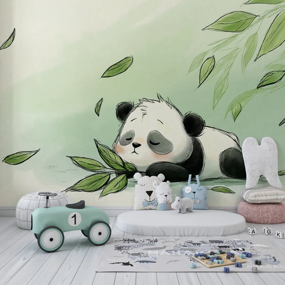 Lastenhuoneen tapetti | Nukkuva panda ja pehmeät lehdet