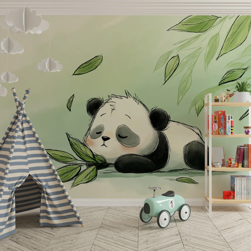 Lastenhuoneen tapetti | Nukkuva panda ja pehmeät lehdet