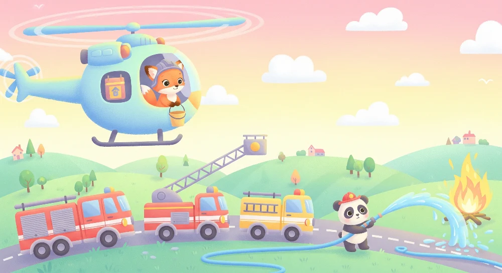Lastenhuoneen tapetti | Palomiehet pandan ja helikopterin kanssa