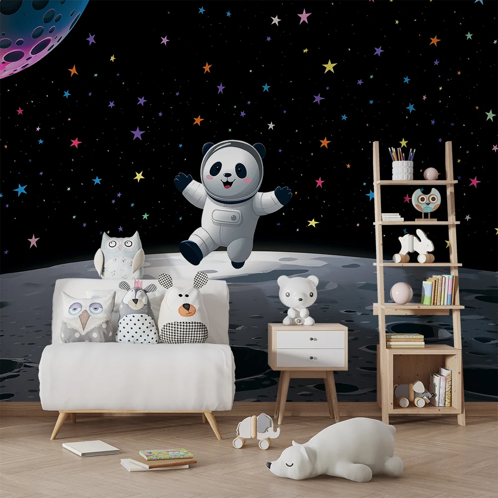 Lastenhuoneen tapetti | Panda astronautti avaruudessa moniväristen tähtien kanssa