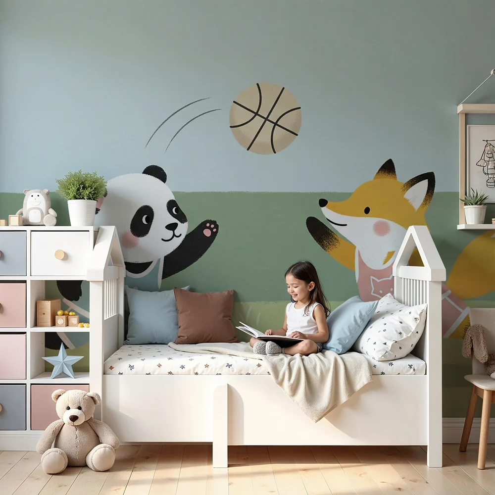 Lastenhuoneen tapetti | Panda ja kettu pelaavat koripalloa