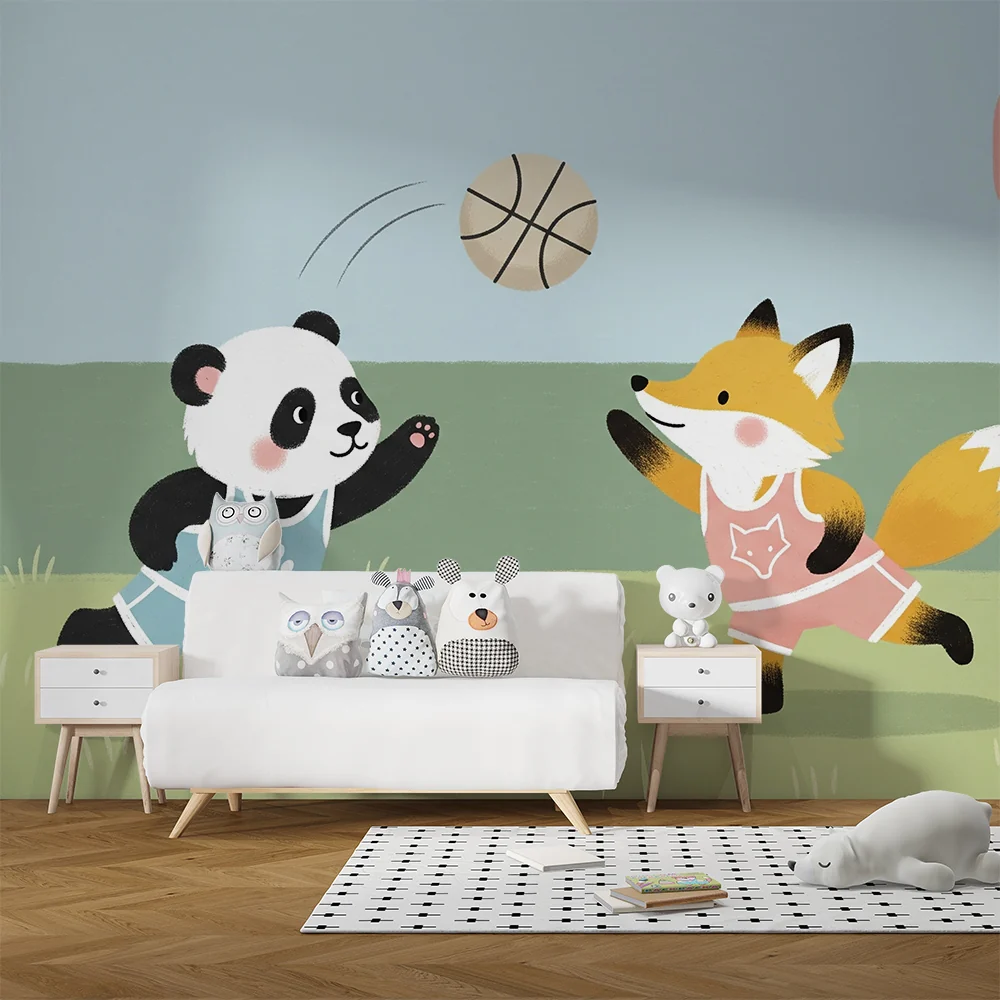 Lastenhuoneen tapetti | Panda ja kettu pelaavat koripalloa
