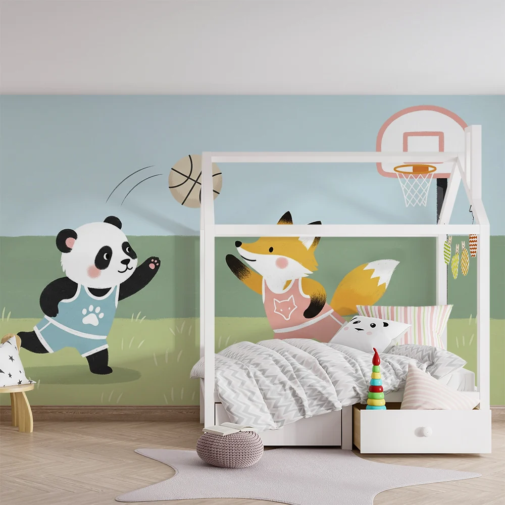 Lastenhuoneen tapetti | Panda ja kettu pelaavat koripalloa