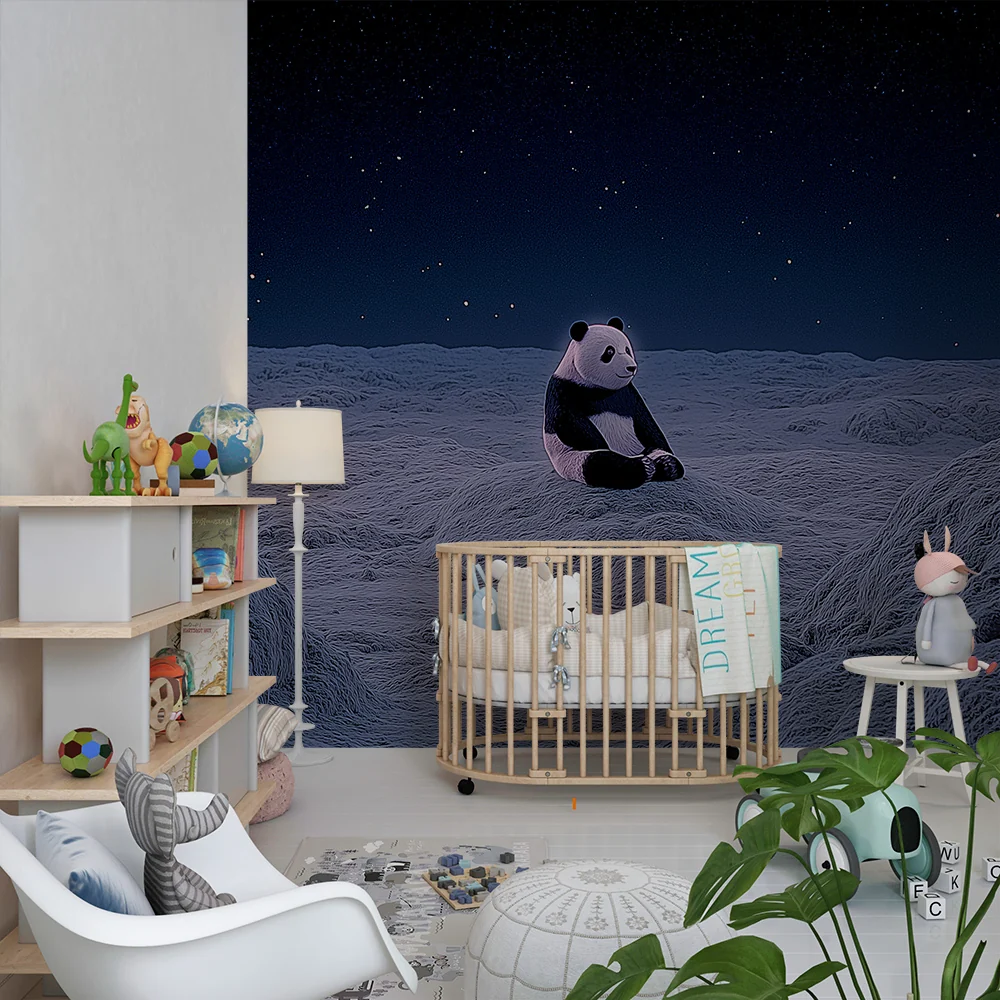 Lastenhuoneen tapetti | Söpö panda kuussa tähtitaivaan alla