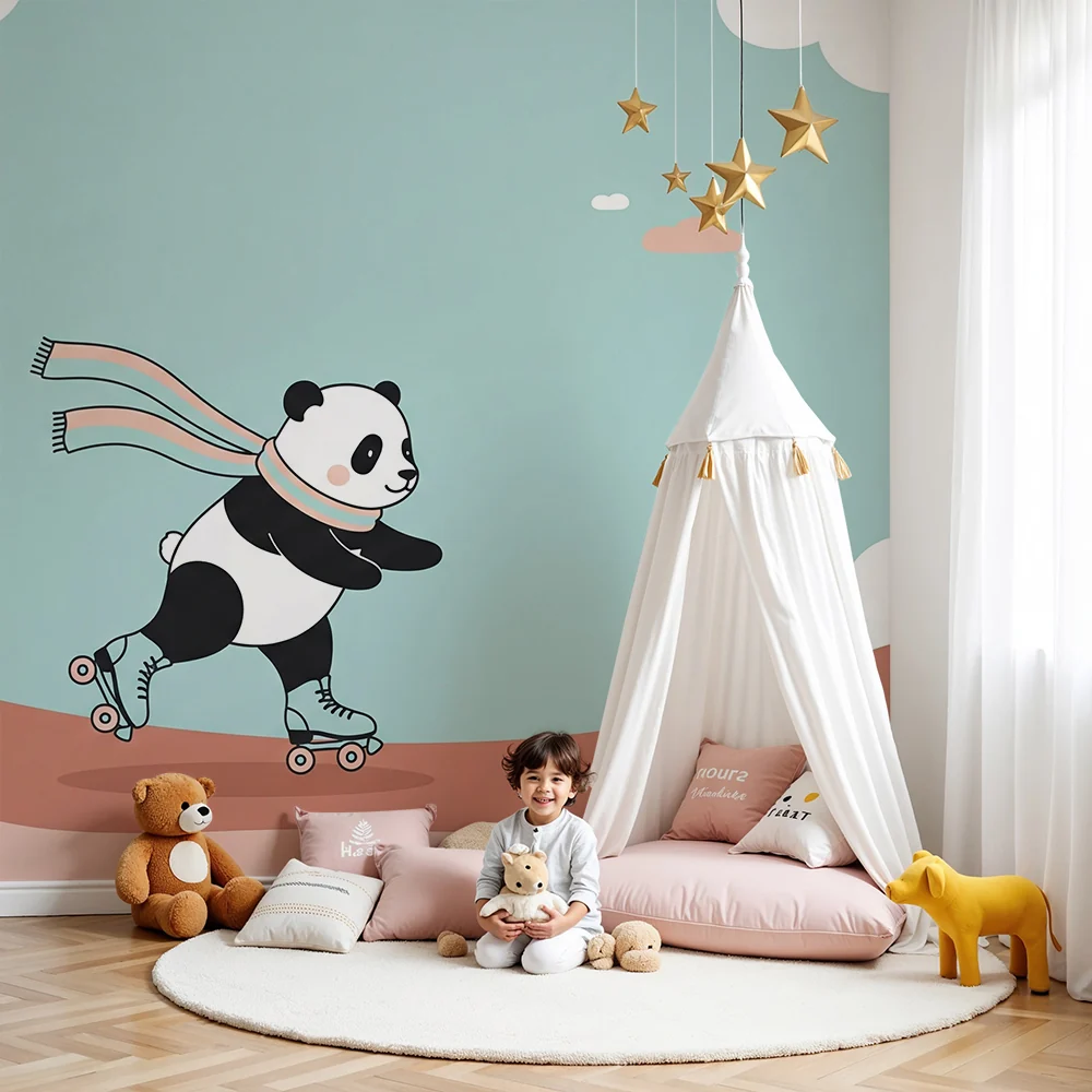 Lastenhuoneen tapetti | Panda luistelija rullaluistimilla