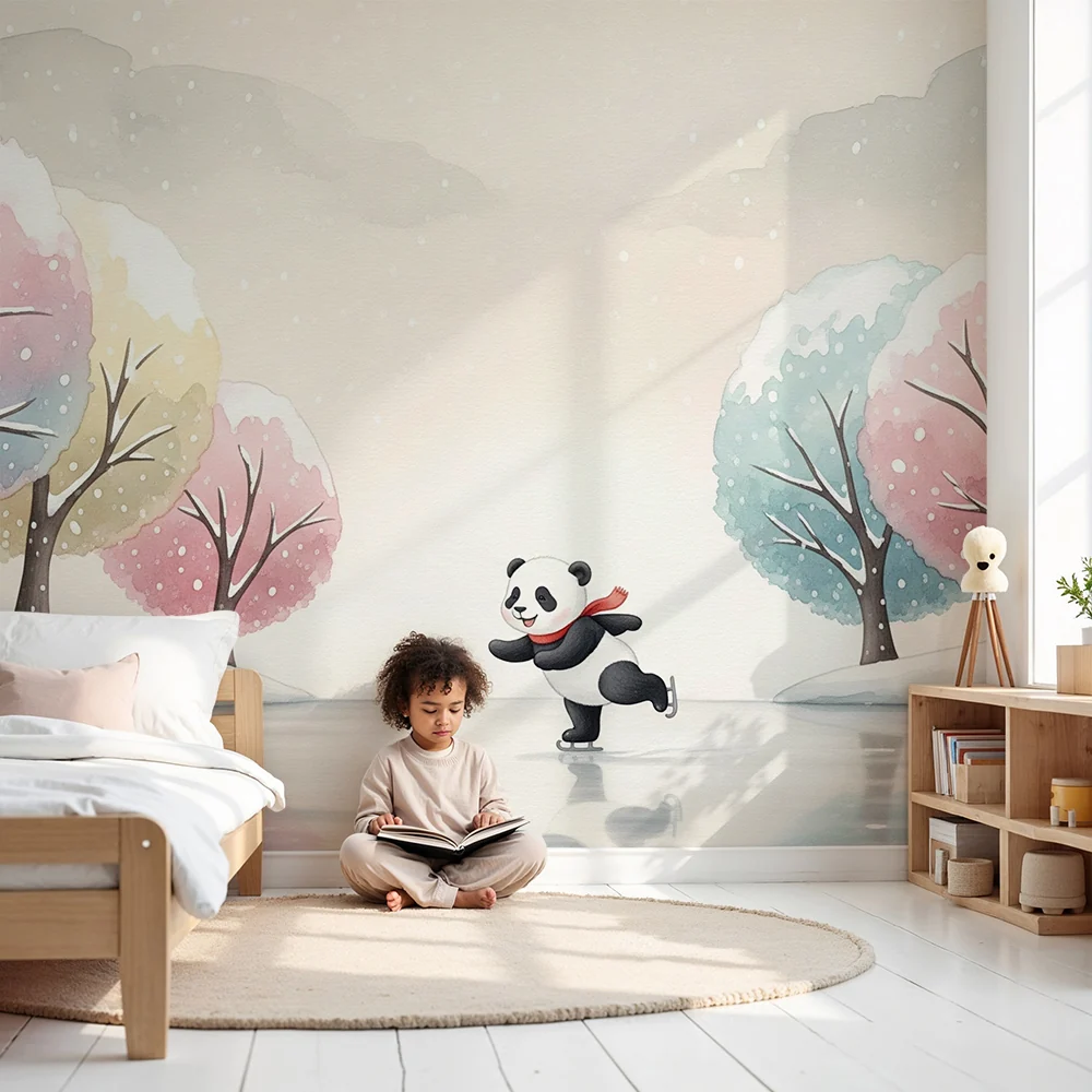Lastenhuoneen tapetti | Panda luistelija talvisella taivaalla