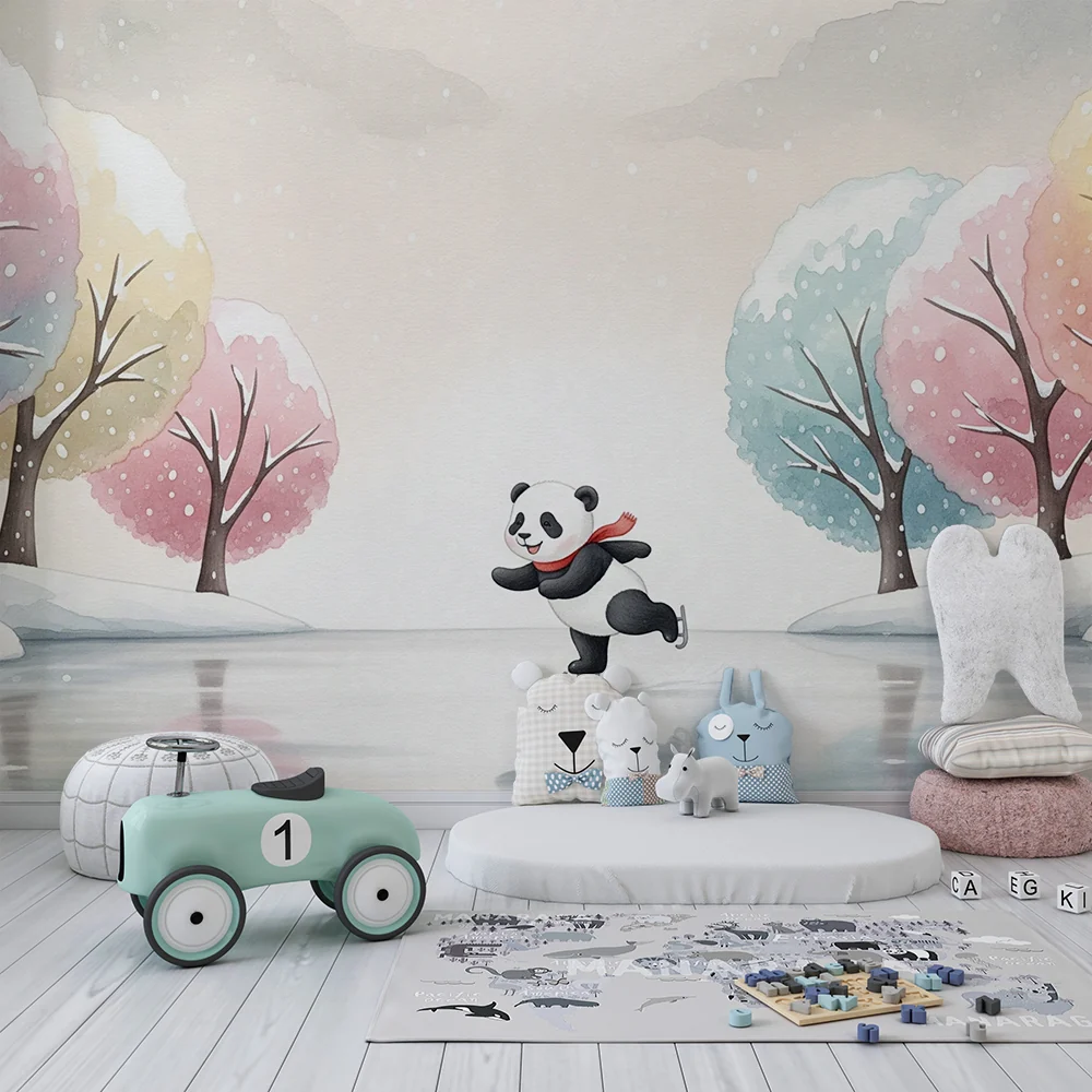 Lastenhuoneen tapetti | Panda luistelija talvisella taivaalla