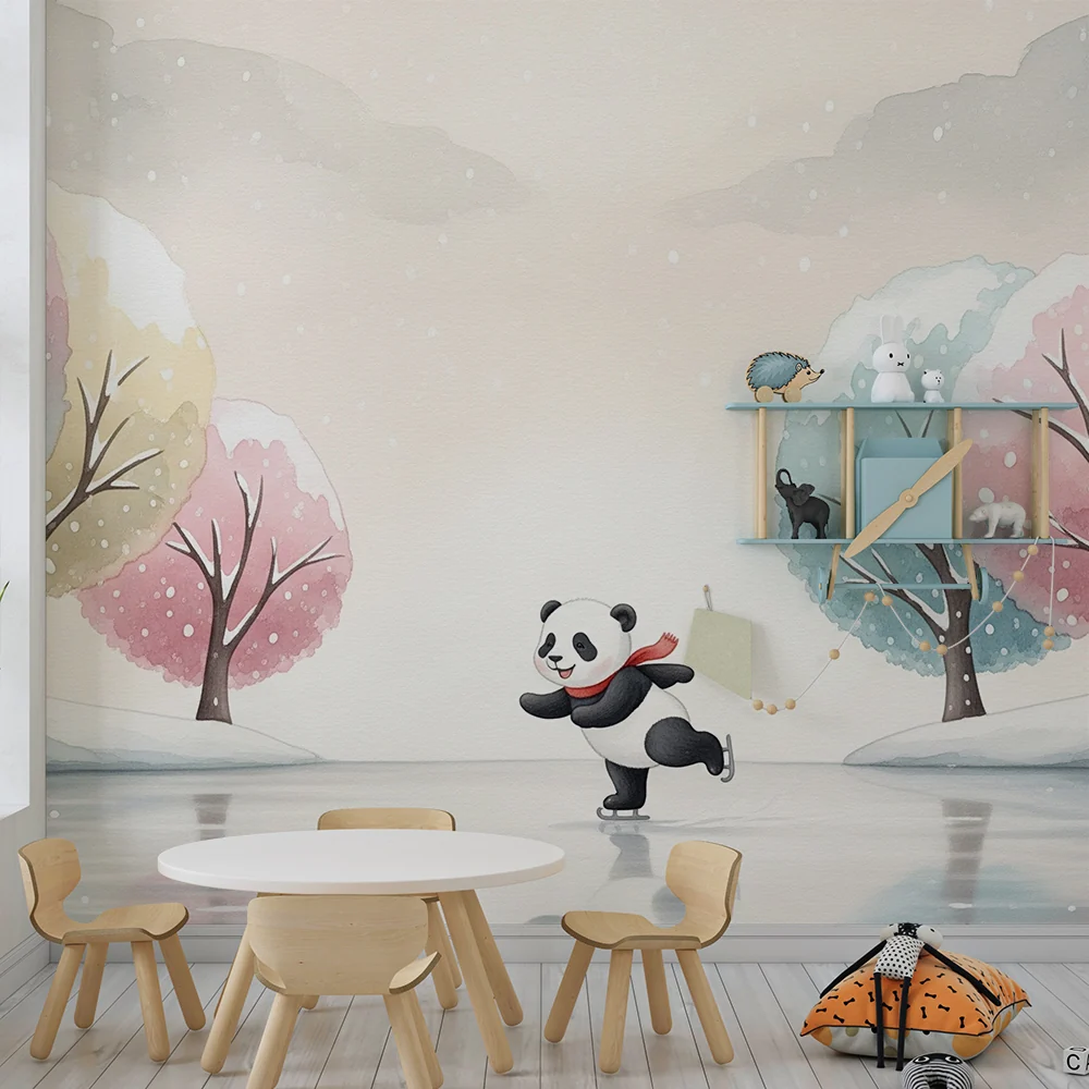 Lastenhuoneen tapetti | Panda luistelija talvisella taivaalla