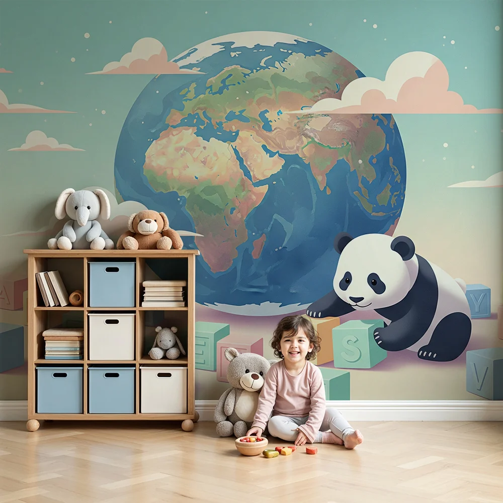 Lastenhuoneen tapetti | Panda pelaaja ja värikäs maapallo