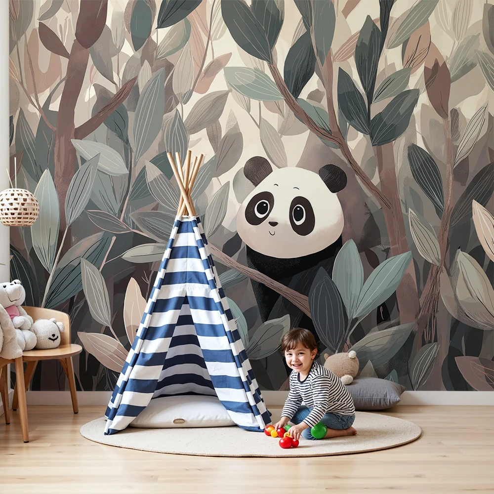 Lastenhuoneen tapetti | Söpö panda piilossa pehmeässä lehtiviidakossa