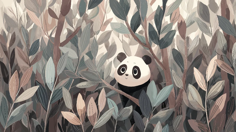 Lastenhuoneen tapetti | Söpö panda piilossa pehmeässä lehtiviidakossa