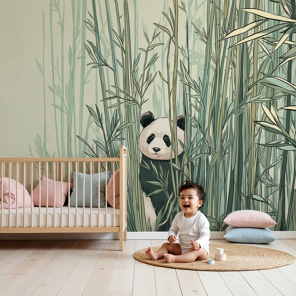 Lastenhuoneen tapetti | Söpö panda piiloutuu bambujen joukkoon