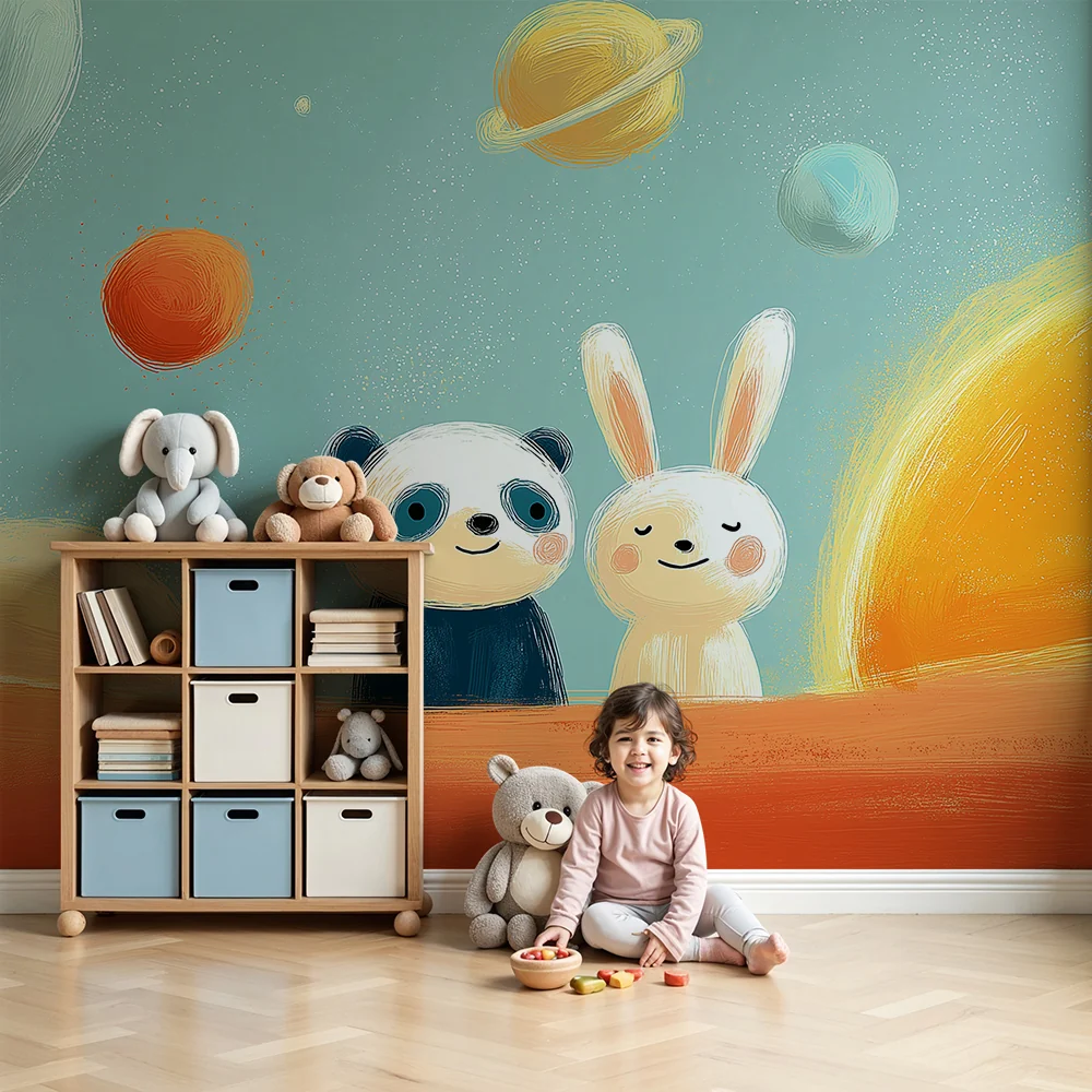Lastenhuoneen tapetti | Panda ja pupu avaruuden tutkimusmatkailijoina