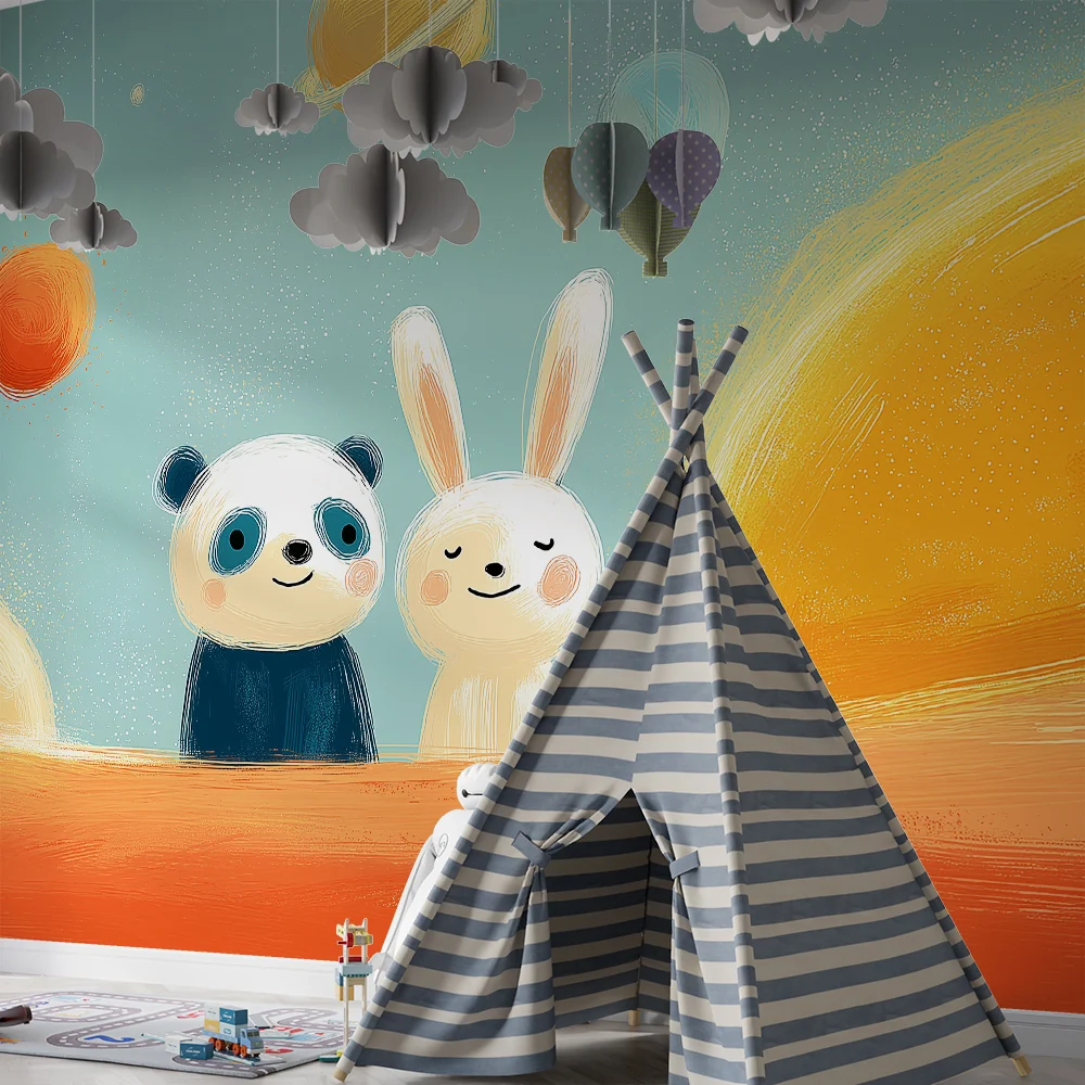 Lastenhuoneen tapetti | Panda ja pupu avaruuden tutkimusmatkailijoina