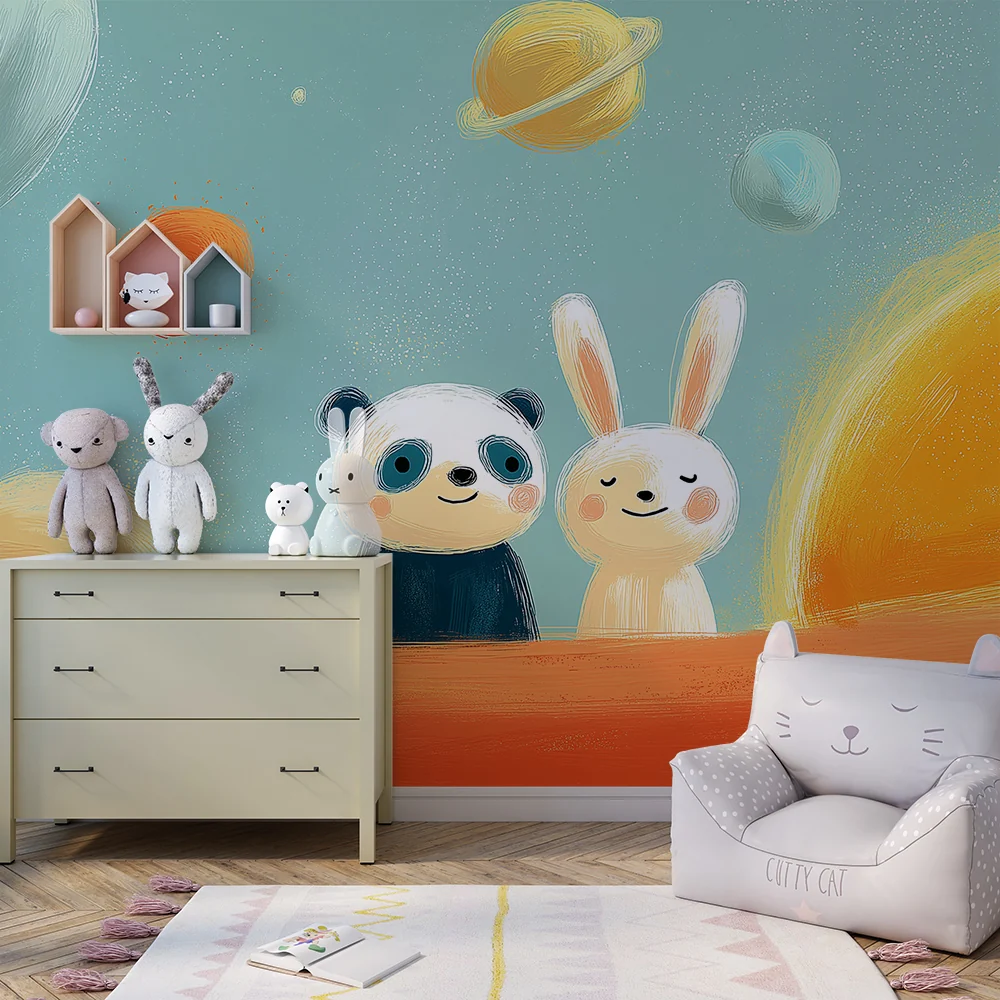Lastenhuoneen tapetti | Panda ja pupu avaruuden tutkimusmatkailijoina