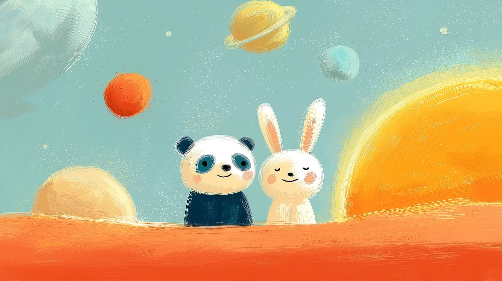 Lastenhuoneen tapetti | Panda ja pupu avaruuden tutkimusmatkailijoina