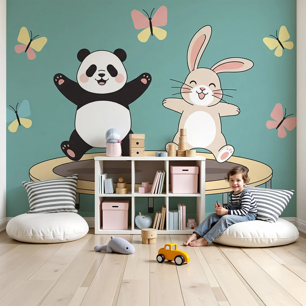 Lastenhuoneen tapetti | Panda ja pupu trampoliinilla