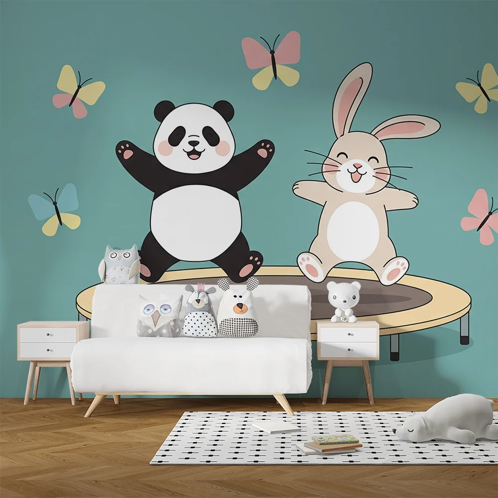 Lastenhuoneen tapetti | Panda ja pupu trampoliinilla