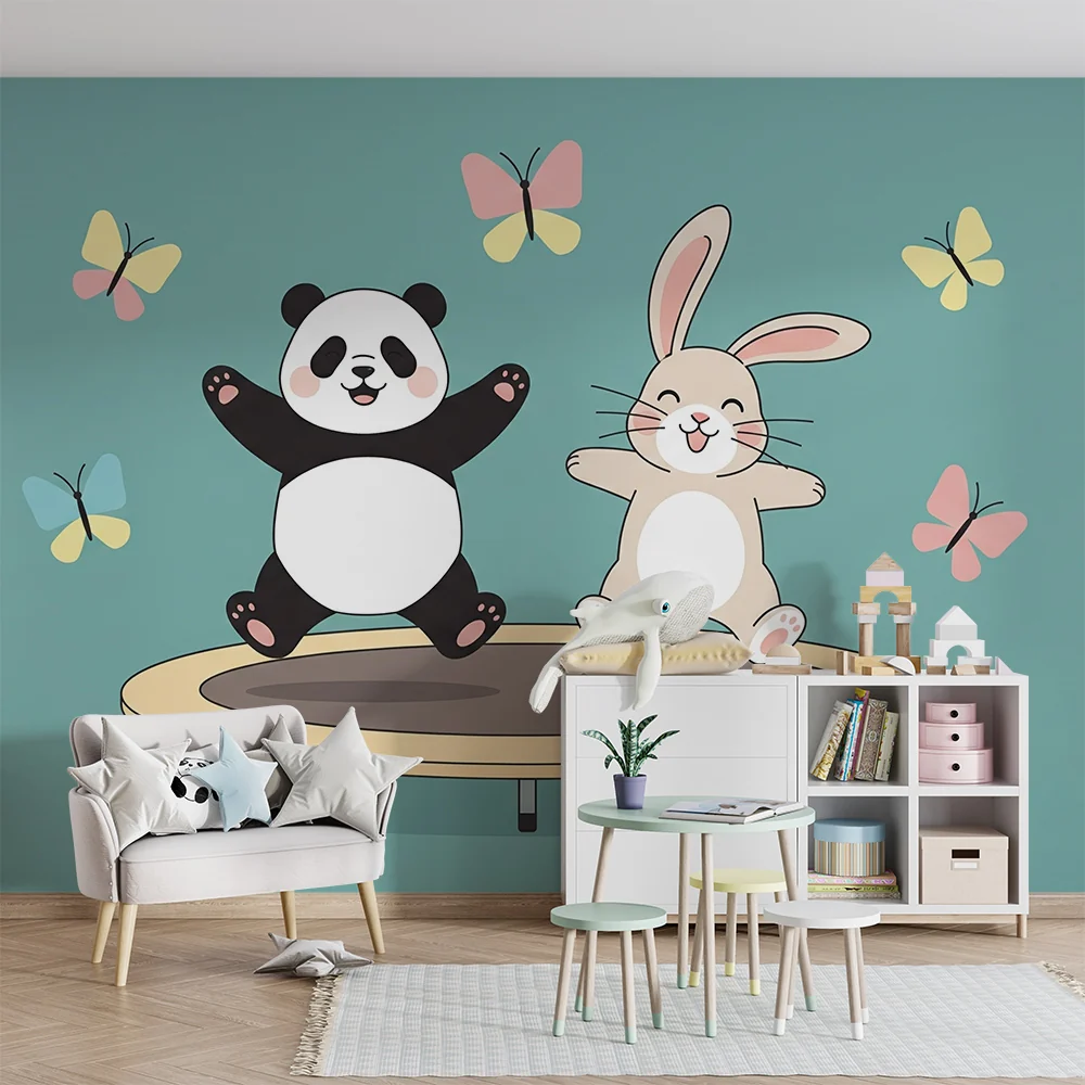 Lastenhuoneen tapetti | Panda ja pupu trampoliinilla