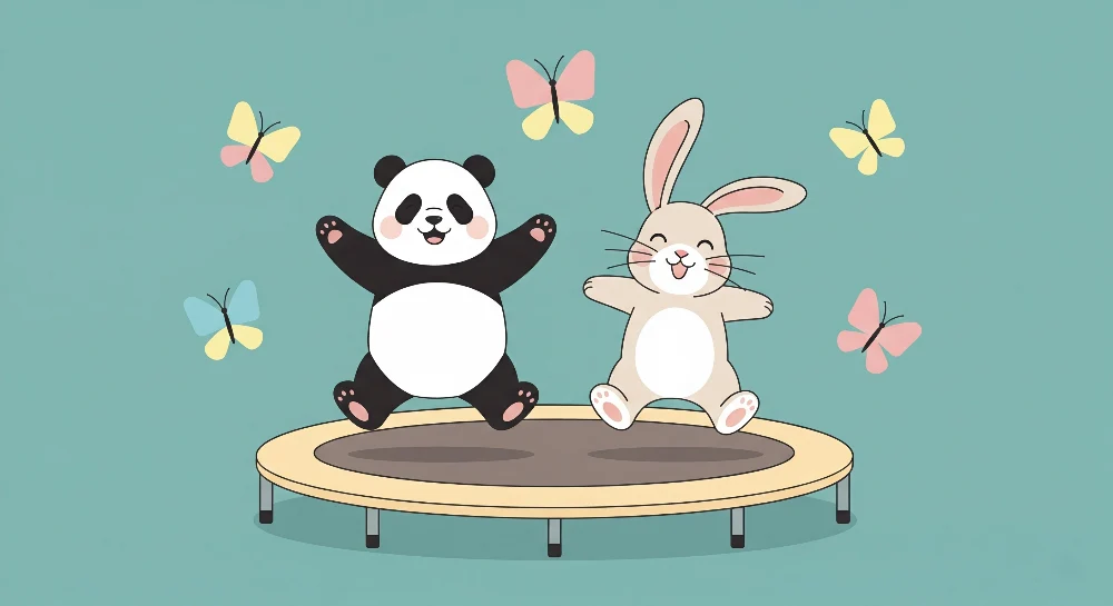 Lastenhuoneen tapetti | Panda ja pupu trampoliinilla