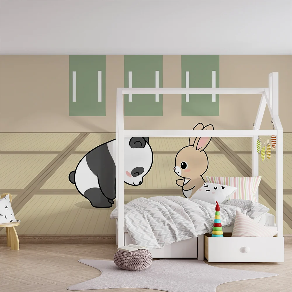 Lastenhuoneen tapetti | Panda ja pupu ystävyydessä