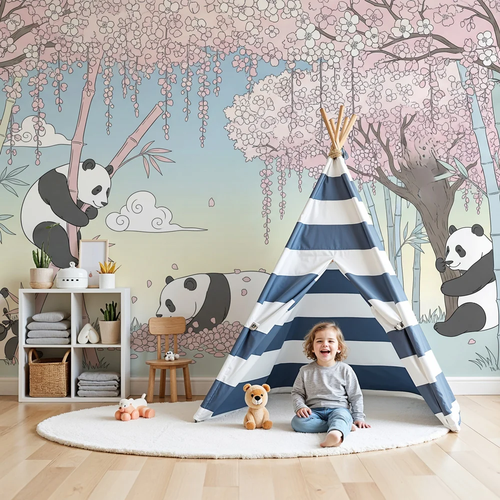 Lastenhuoneen tapetti | Panda puutarhassa kukkivassa