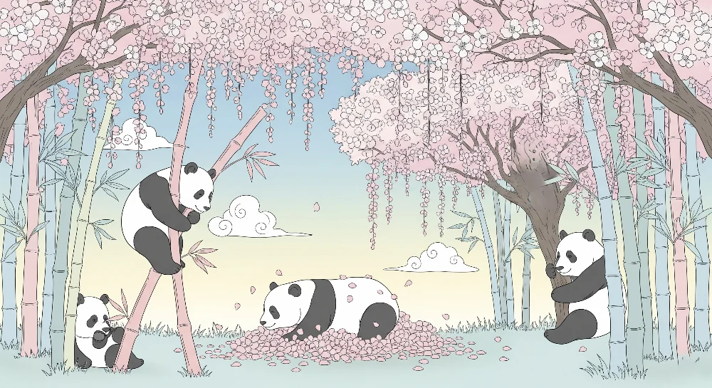 Lastenhuoneen tapetti | Panda puutarhassa kukkivassa