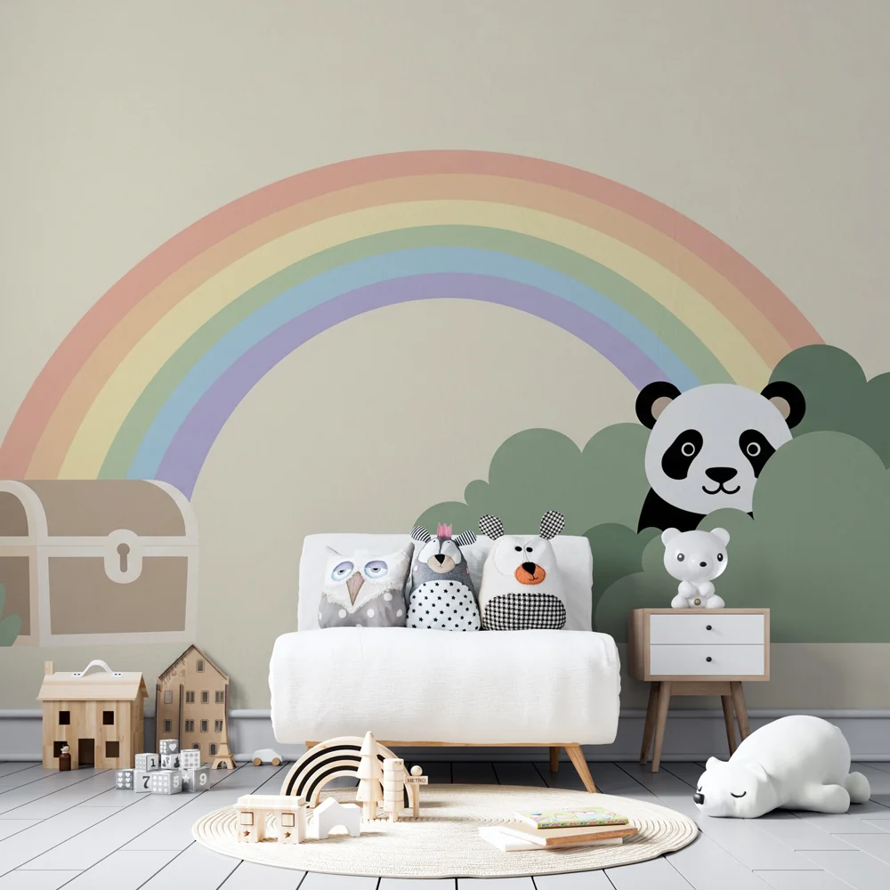 Lastenhuoneen tapetti | Panda ja sateenkaari taianomaisessa puutarhassa