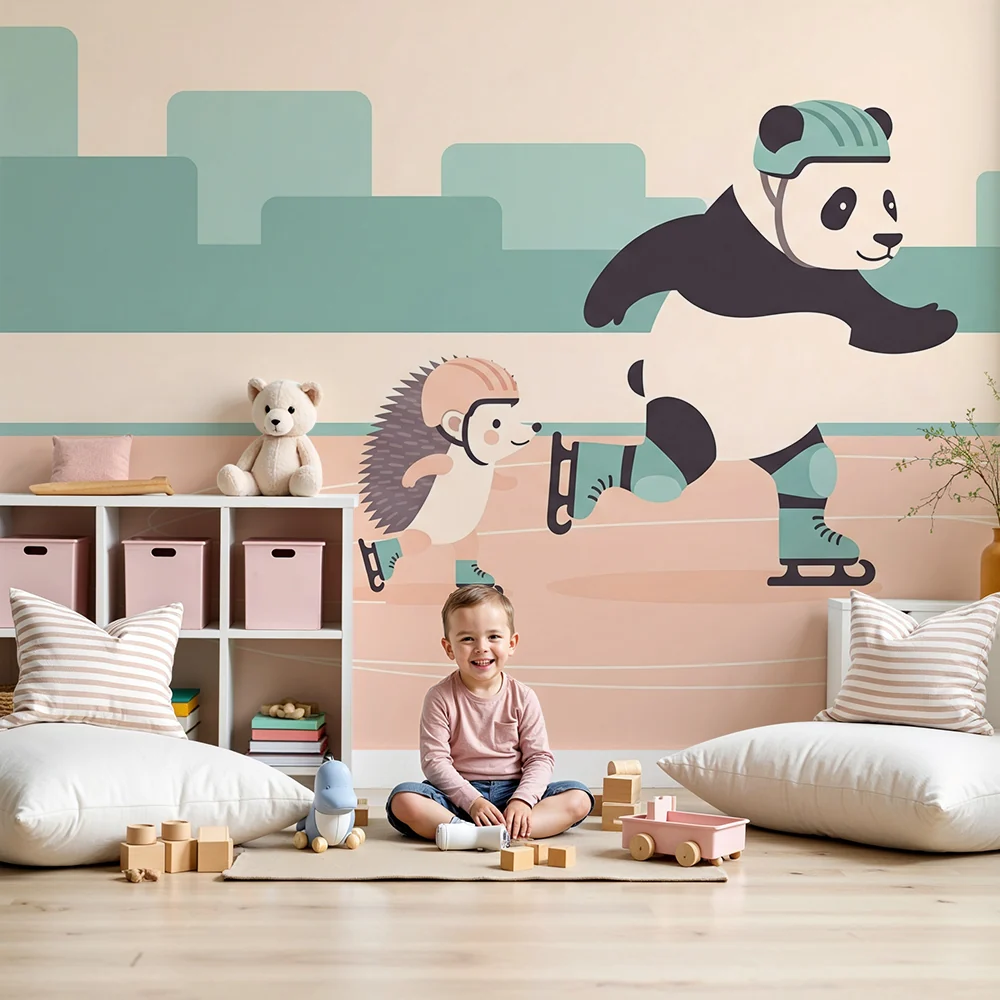 Lastenhuoneen tapetti | Panda ja siili luistelijat