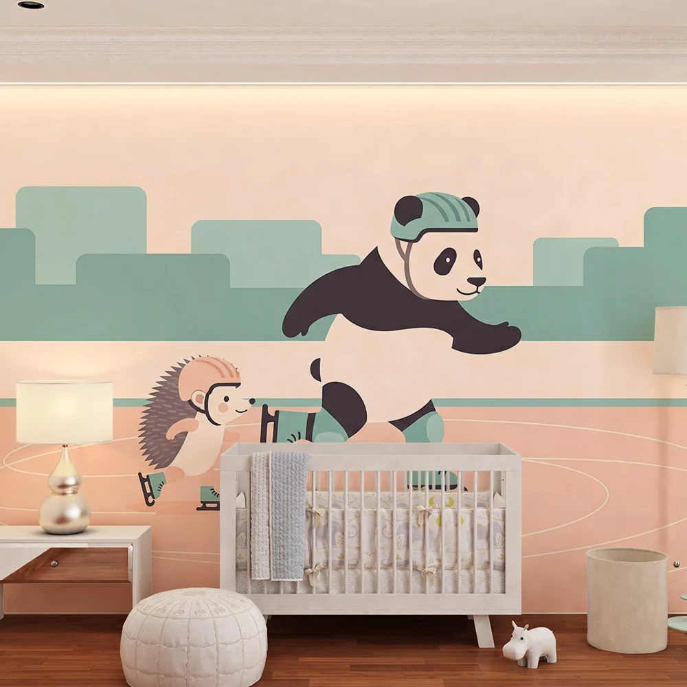 Lastenhuoneen tapetti | Panda ja siili luistelijat