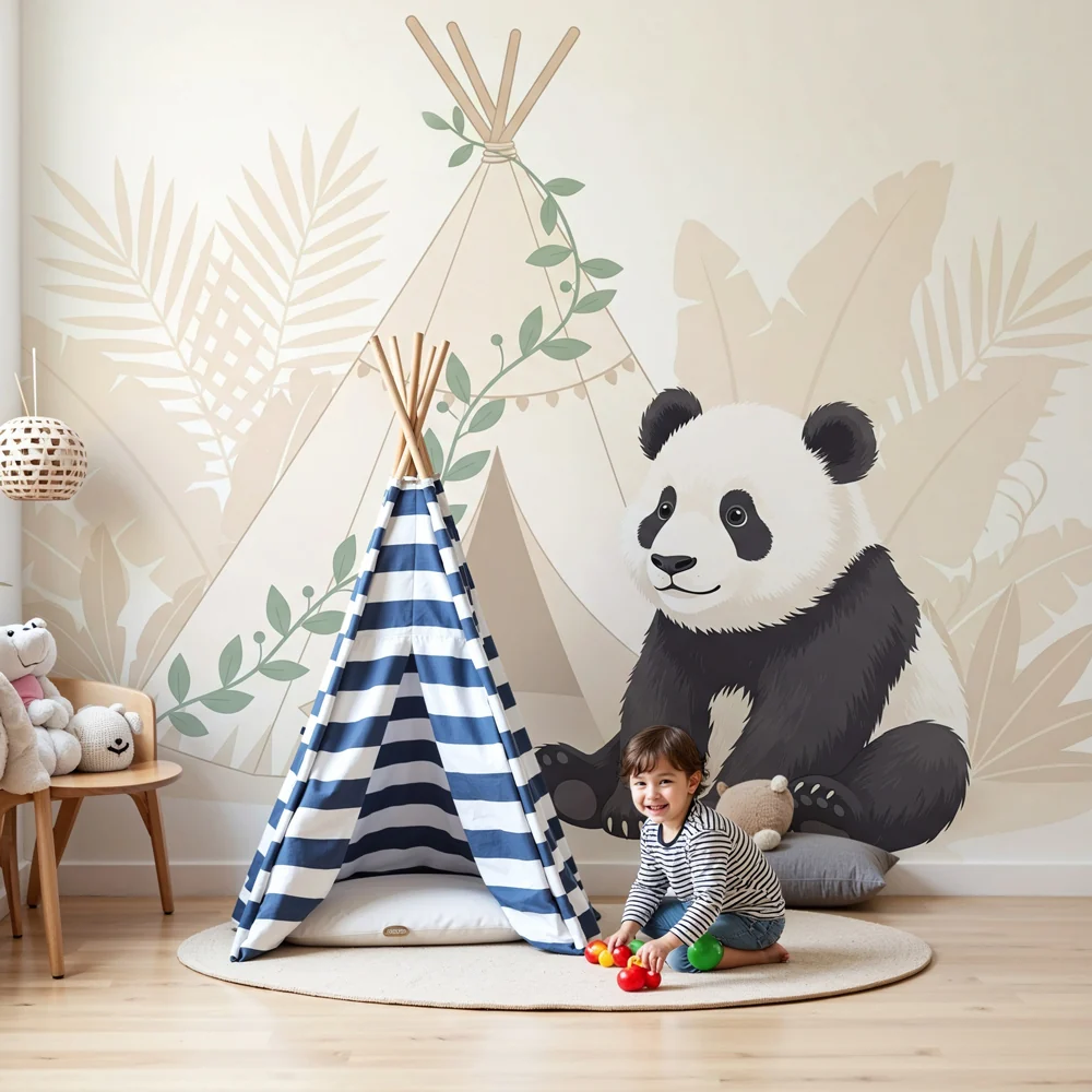 Lastenhuoneen tapetti | Panda ja teltta viidakossa