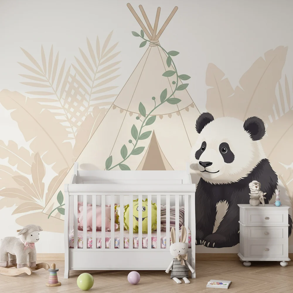 Lastenhuoneen tapetti | Panda ja teltta viidakossa