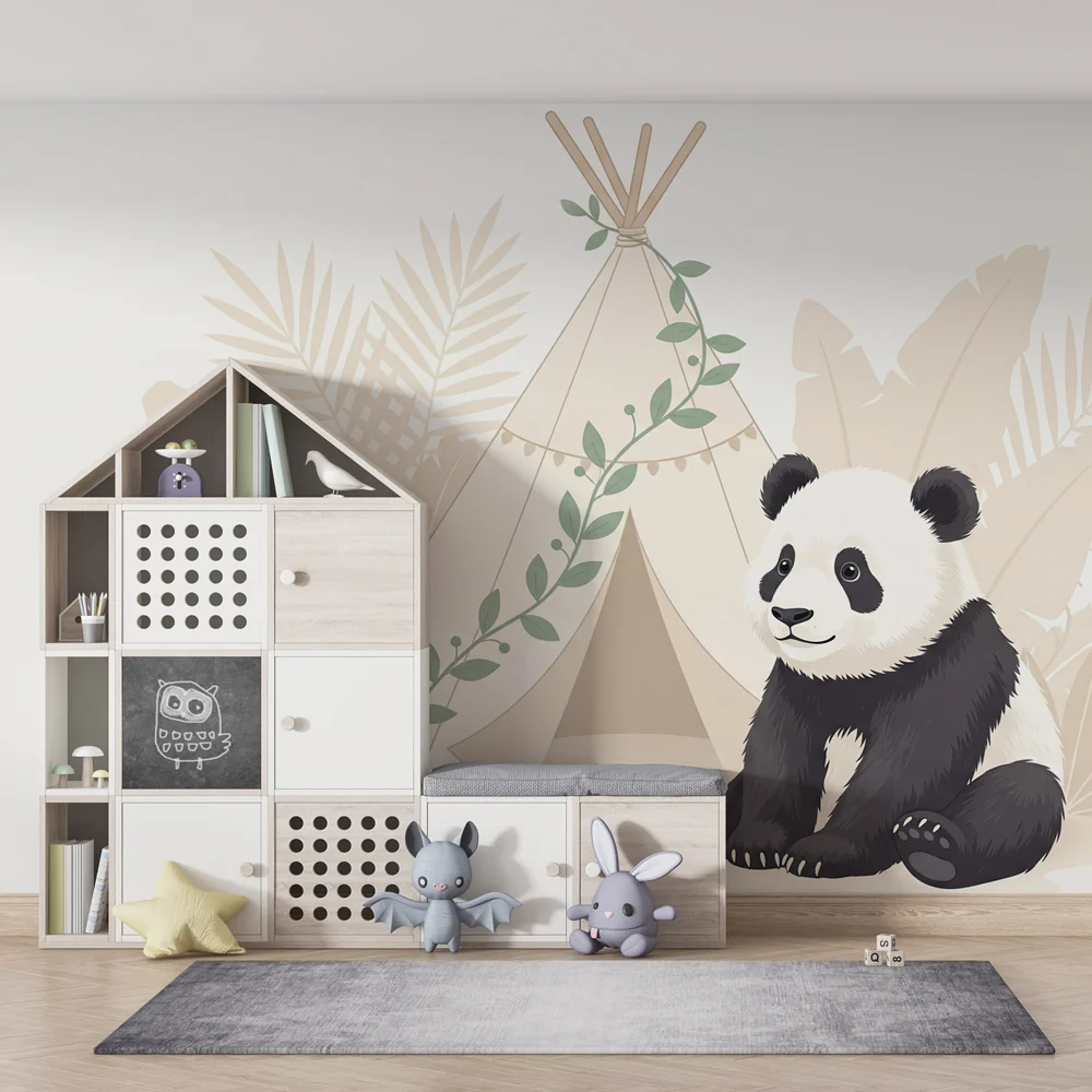 Lastenhuoneen tapetti | Panda ja teltta viidakossa