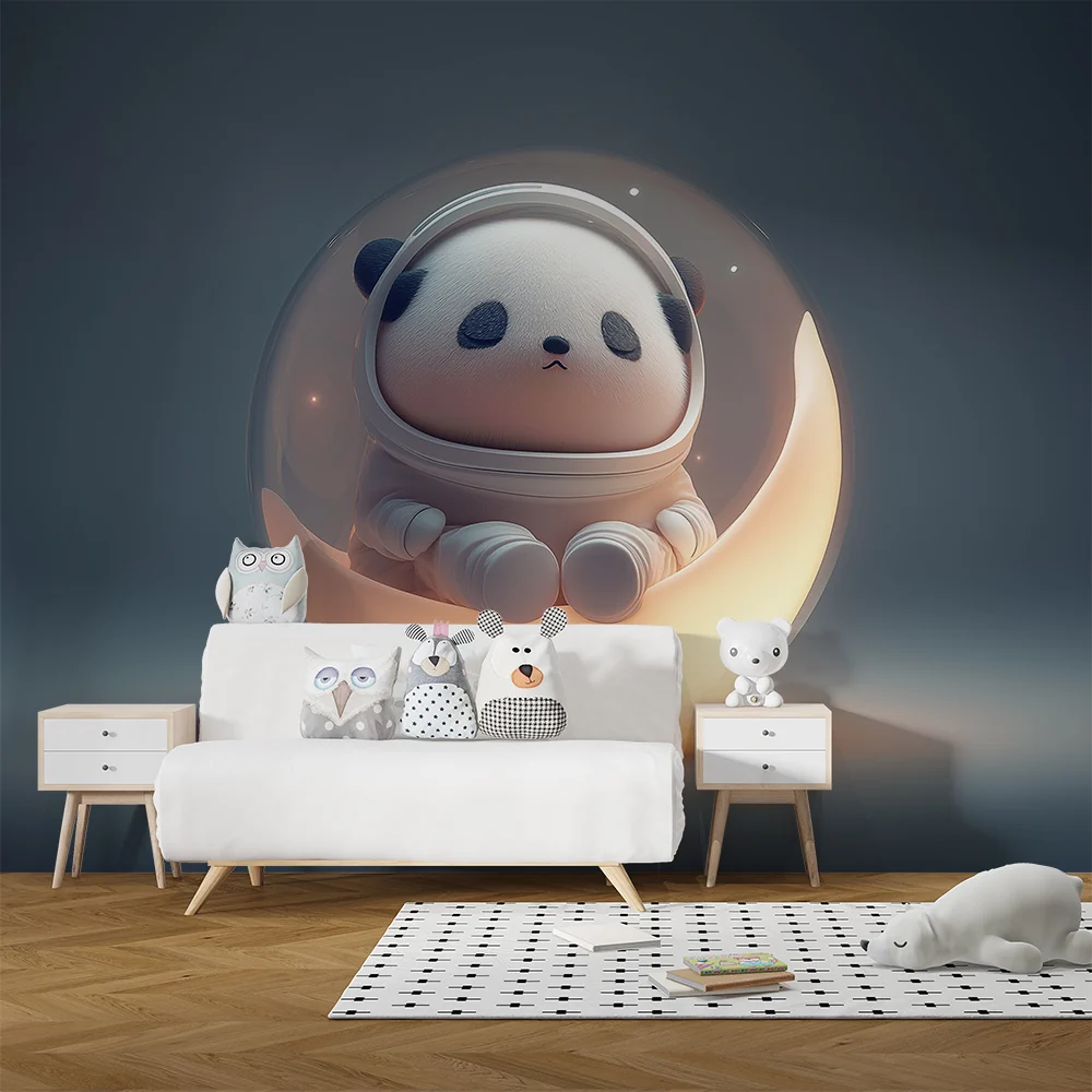 Lastenhuoneen tapetti | Panda-astronautti valaisevassa kuplassa