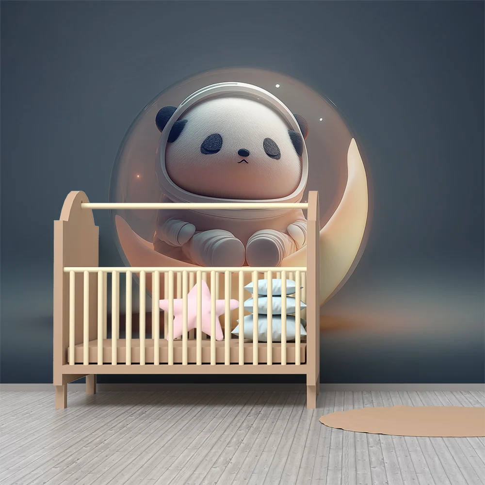 Lastenhuoneen tapetti | Panda-astronautti valaisevassa kuplassa