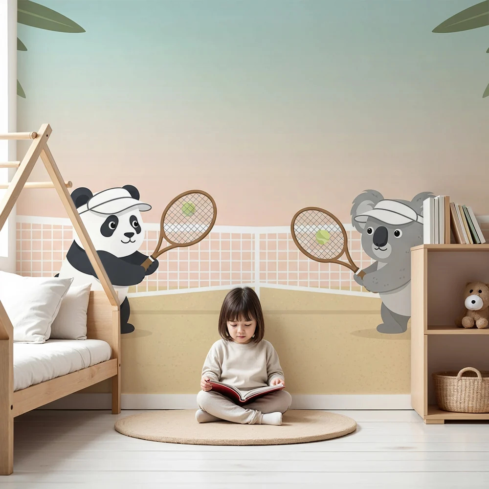 Lastenhuoneen tapetti | Pandoja ja koaloja pelaamassa tennistä