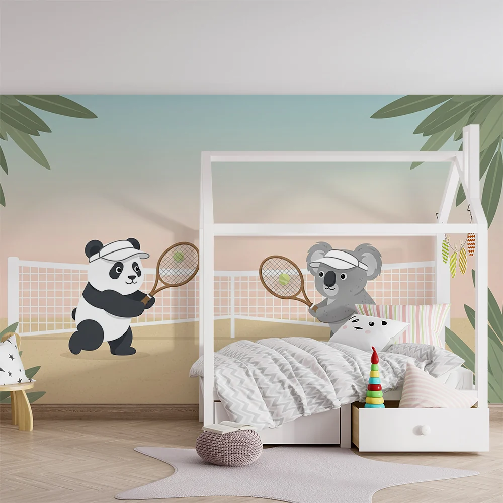 Lastenhuoneen tapetti | Pandoja ja koaloja pelaamassa tennistä