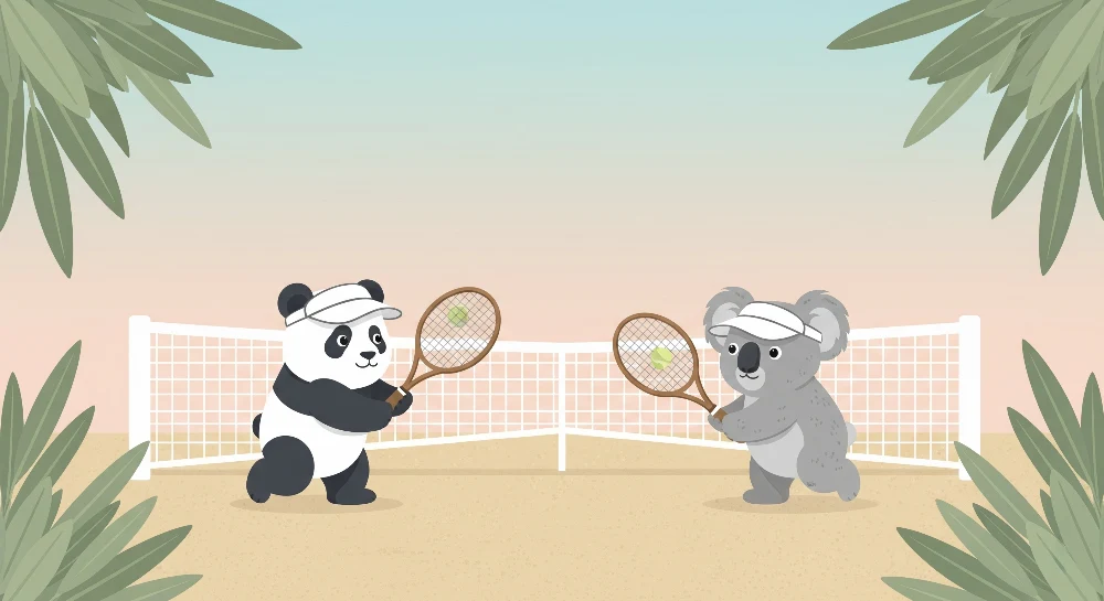 Lastenhuoneen tapetti | Pandoja ja koaloja pelaamassa tennistä